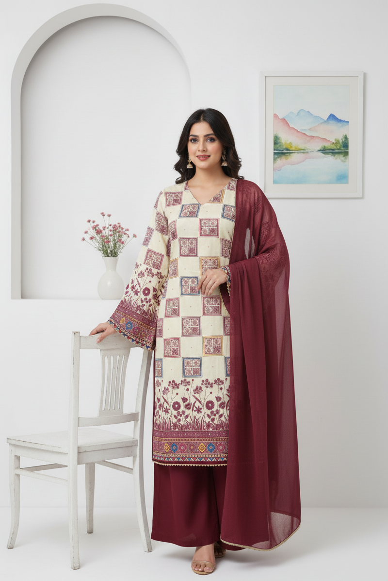 Woman in a Jaam Cotton suit outfit with a checkered top and maroon dupatta on a white background