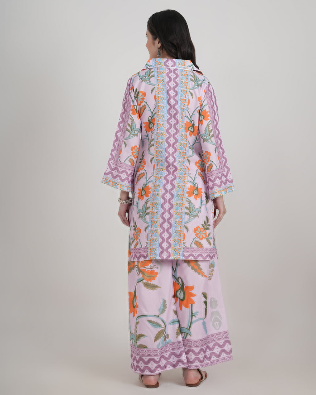 Women's Turkish Floral Printed Poly Rayon Collar Suit Top & Relaxed Fit Pants