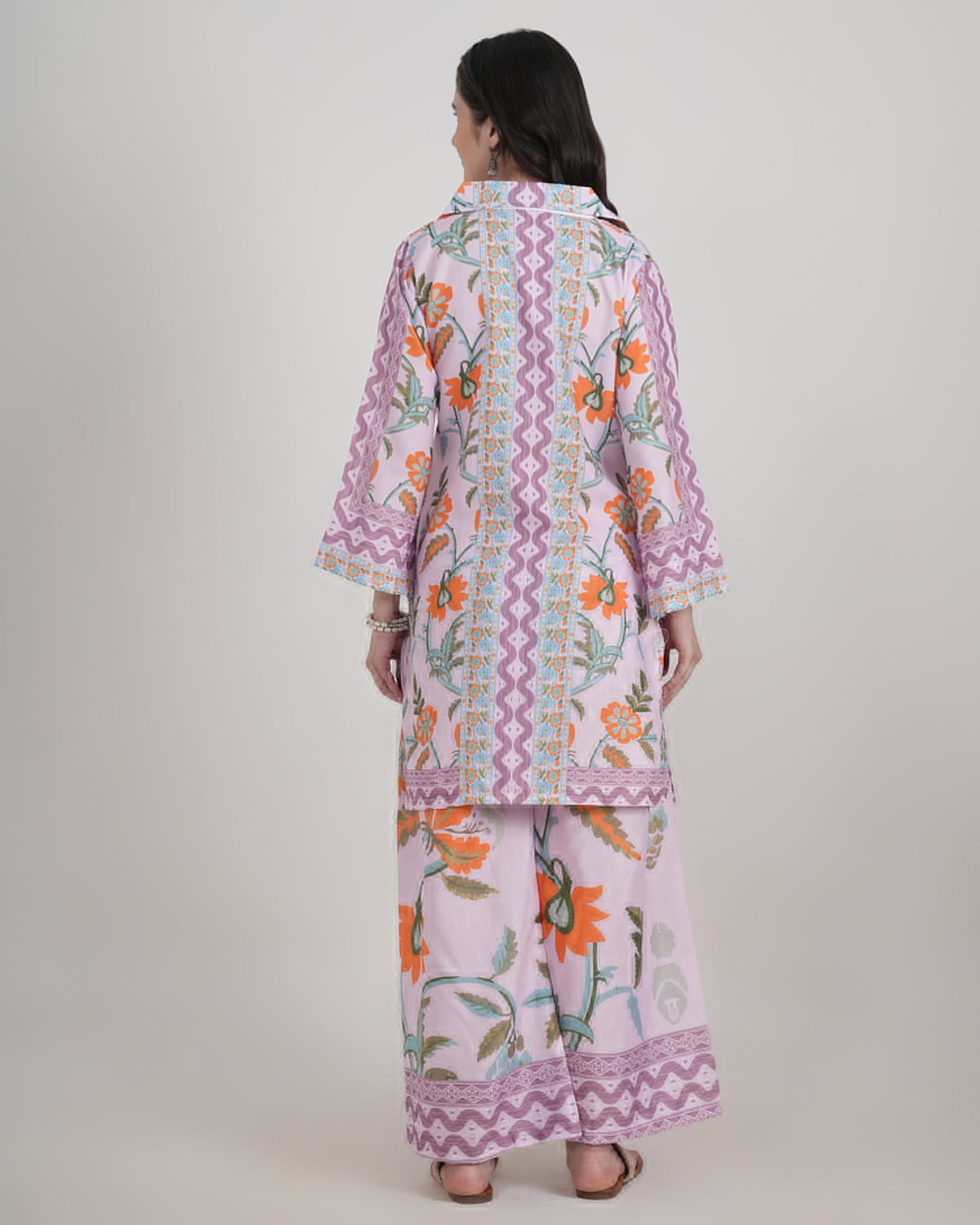 Women's Turkish Floral Printed Poly Rayon Collar Suit Top & Relaxed Fit Pants