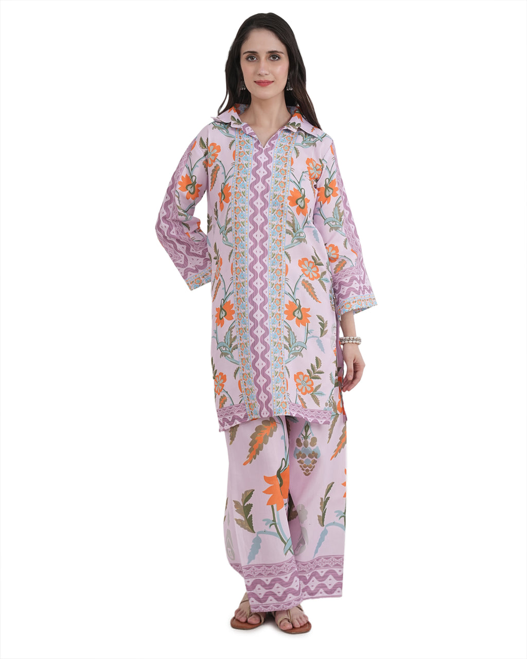 Women's Turkish Floral Printed Poly Rayon Collar Suit Top & Relaxed Fit Pants