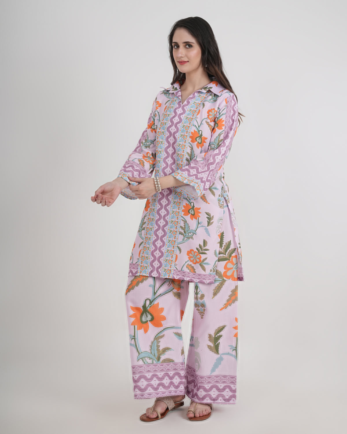 Women's Turkish Floral Printed Poly Rayon Collar Suit Top & Relaxed Fit Pants