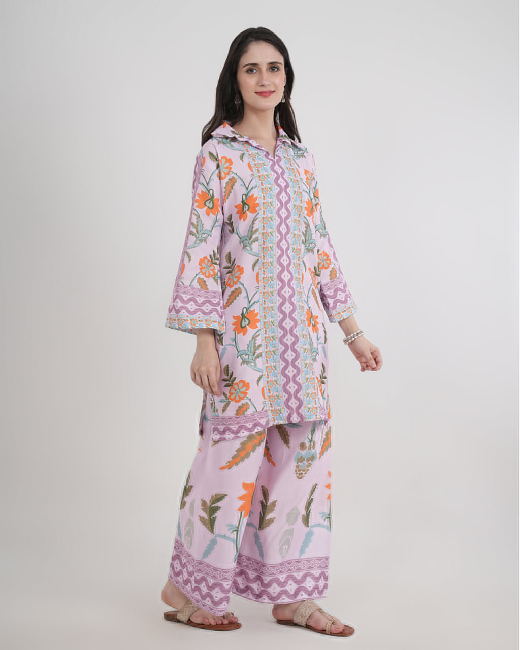 Women's Turkish Floral Printed Poly Rayon Collar Suit Top & Relaxed Fit Pants