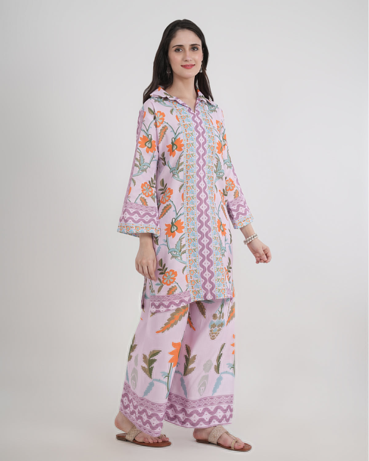 Women's Turkish Floral Printed Poly Rayon Collar Suit Top & Relaxed Fit Pants