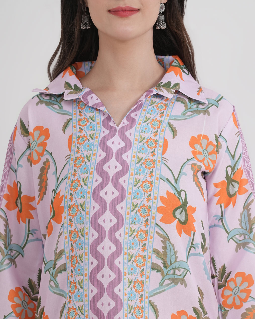 Women's Turkish Floral Printed Poly Rayon Collar Suit Top & Relaxed Fit Pants