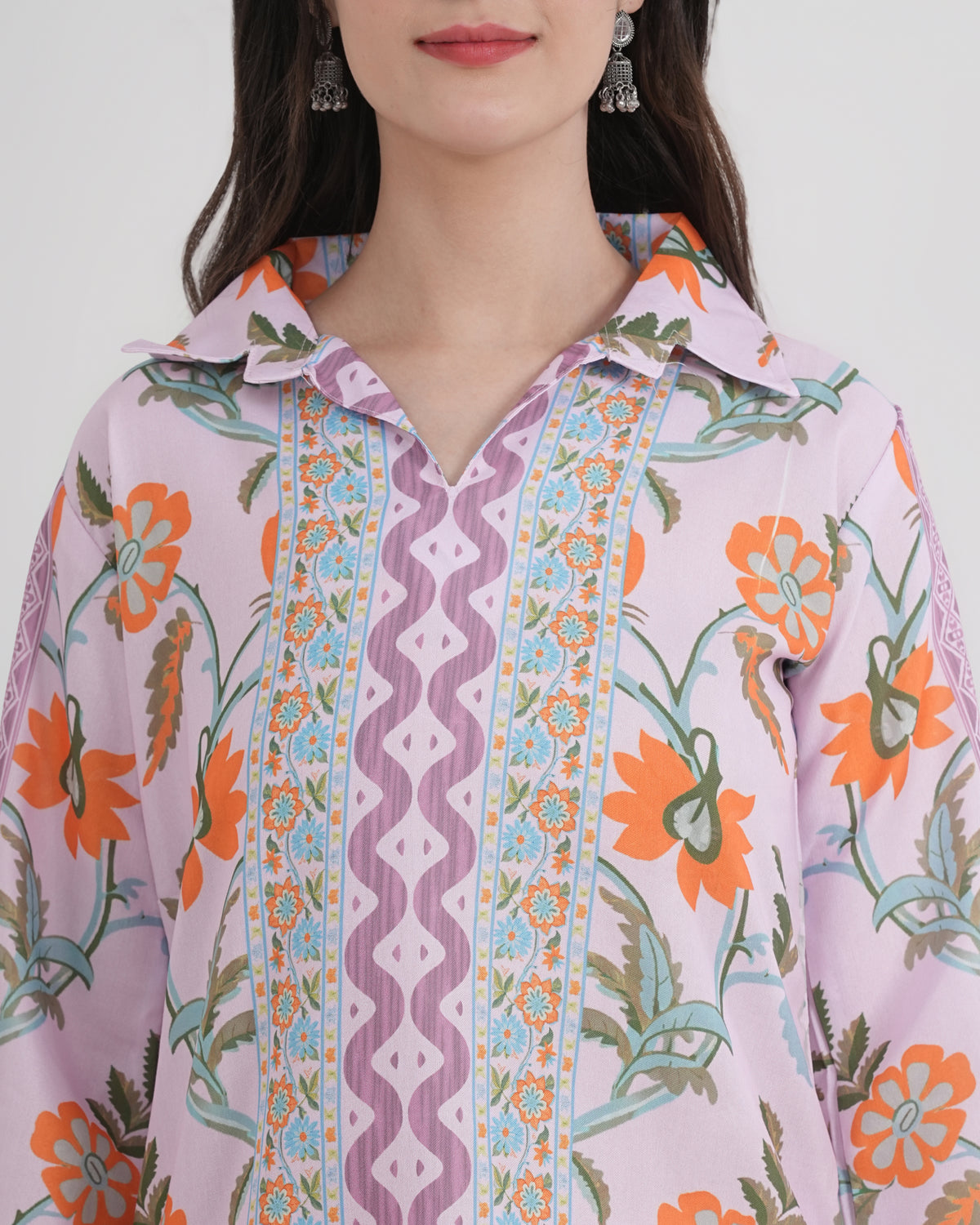 Women's Turkish Floral Printed Poly Rayon Collar Suit Top & Relaxed Fit Pants