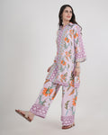 Women's Turkish Floral Printed Poly Rayon Collar Suit Top & Relaxed Fit Pants