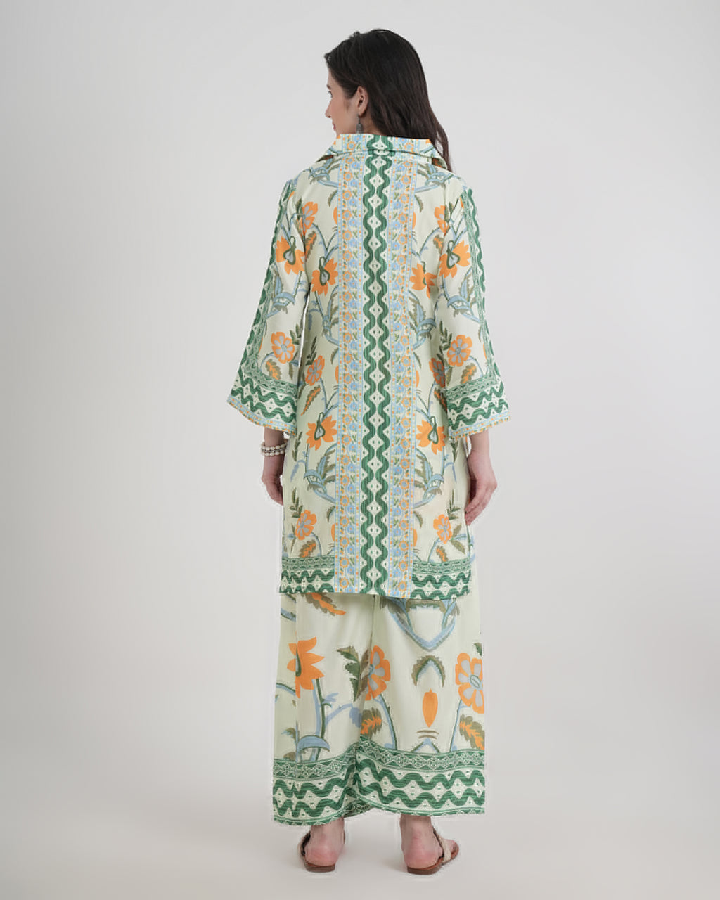 Women's Turkish Floral Printed Poly Rayon Collar Suit Top & Relaxed Fit Pants