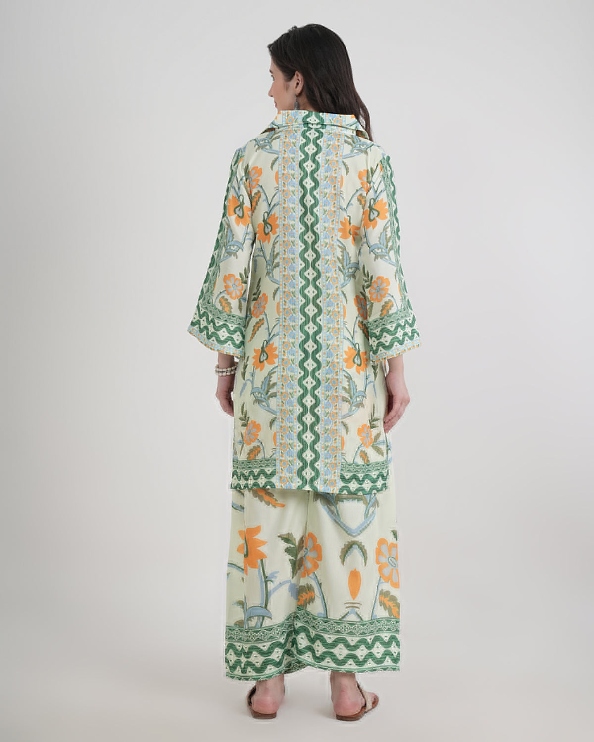 Women's Turkish Floral Printed Poly Rayon Collar Suit Top & Relaxed Fit Pants