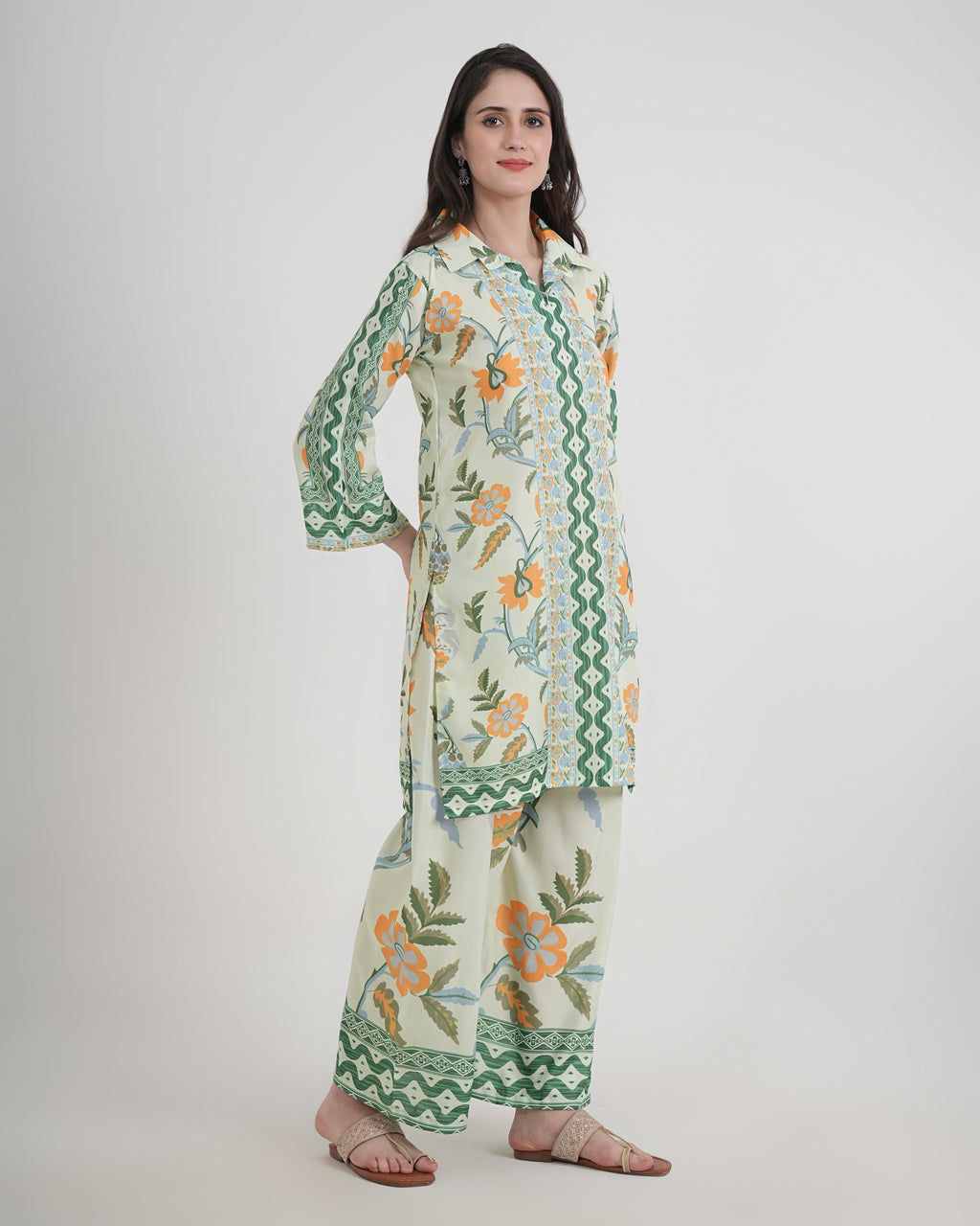Women's Turkish Floral Printed Poly Rayon Collar Suit Top & Relaxed Fit Pants