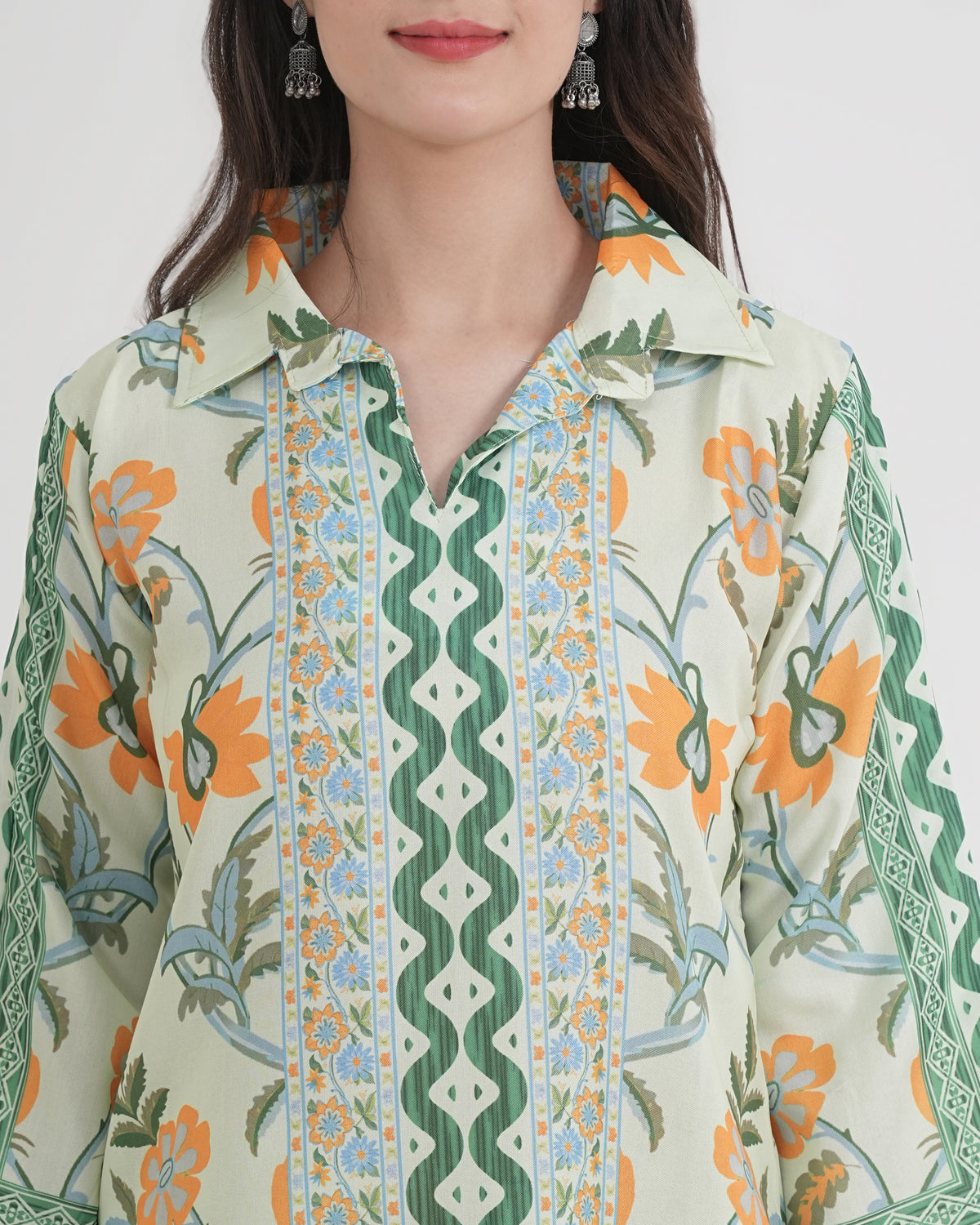 Women's Turkish Floral Printed Poly Rayon Collar Suit Top & Relaxed Fit Pants