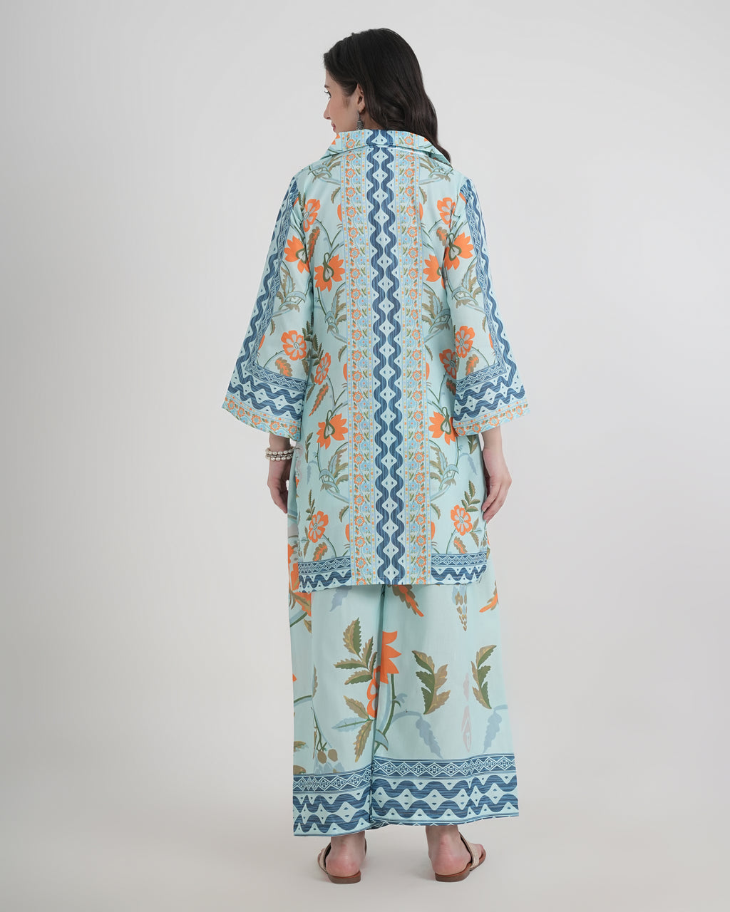 Women's Turkish Floral Printed Poly Rayon Collar Suit Top & Relaxed Fit Pants