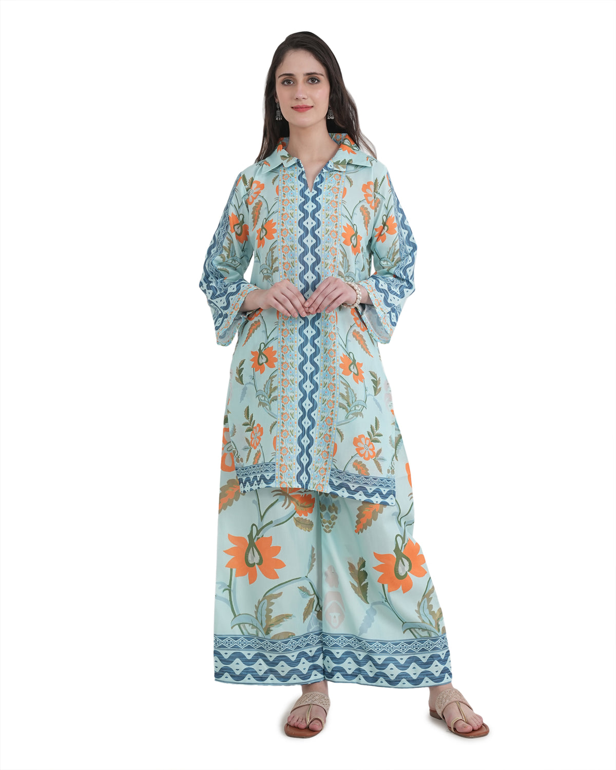 Women's Turkish Floral Printed Poly Rayon Collar Suit Top & Relaxed Fit Pants