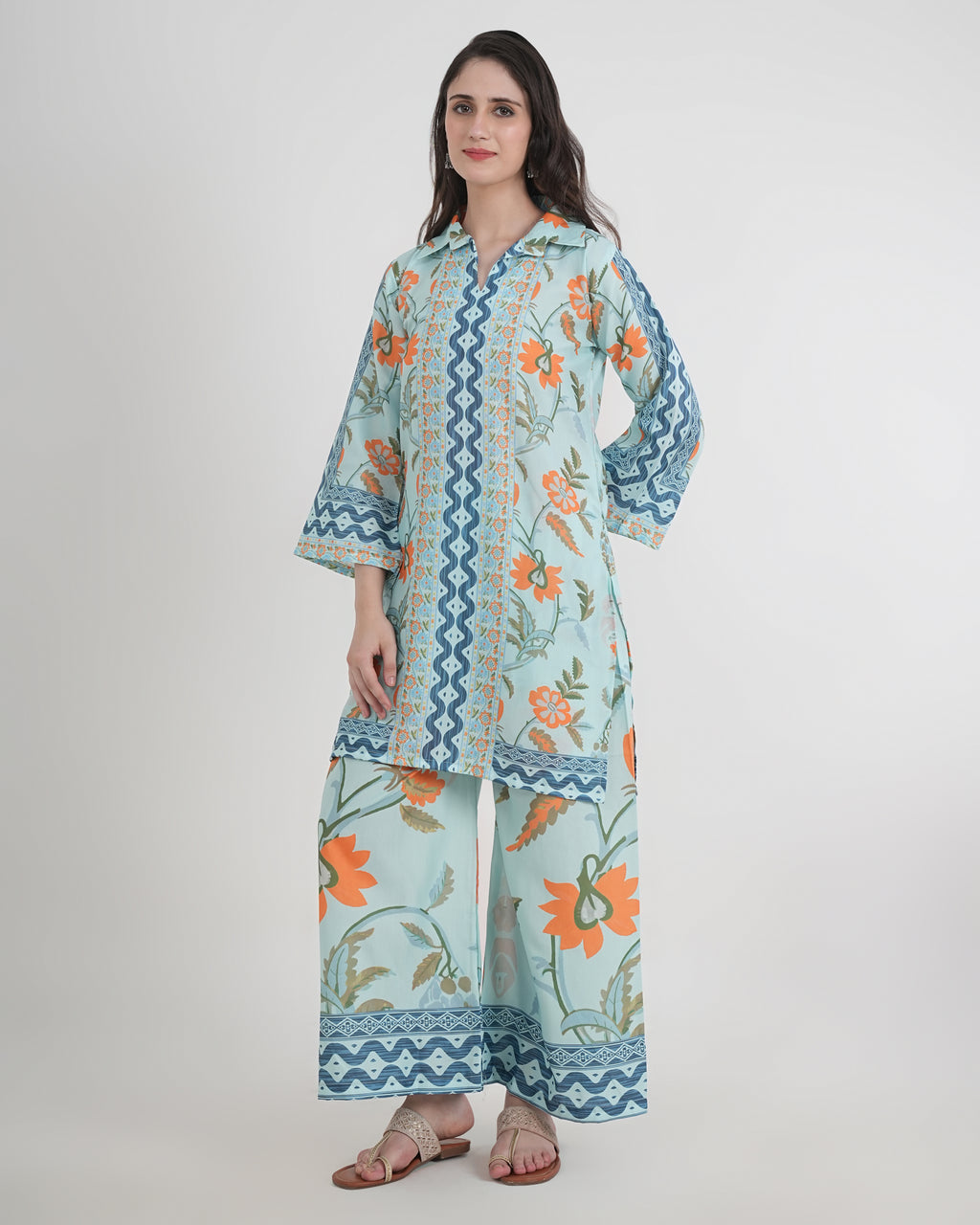 Women's Turkish Floral Printed Poly Rayon Collar Suit Top & Relaxed Fit Pants