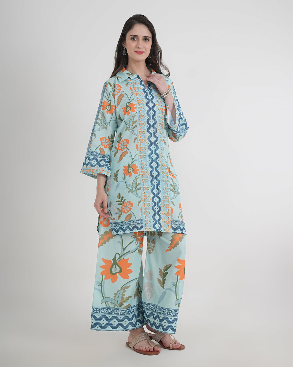 Women's Turkish Floral Printed Poly Rayon Collar Suit Top & Relaxed Fit Pants