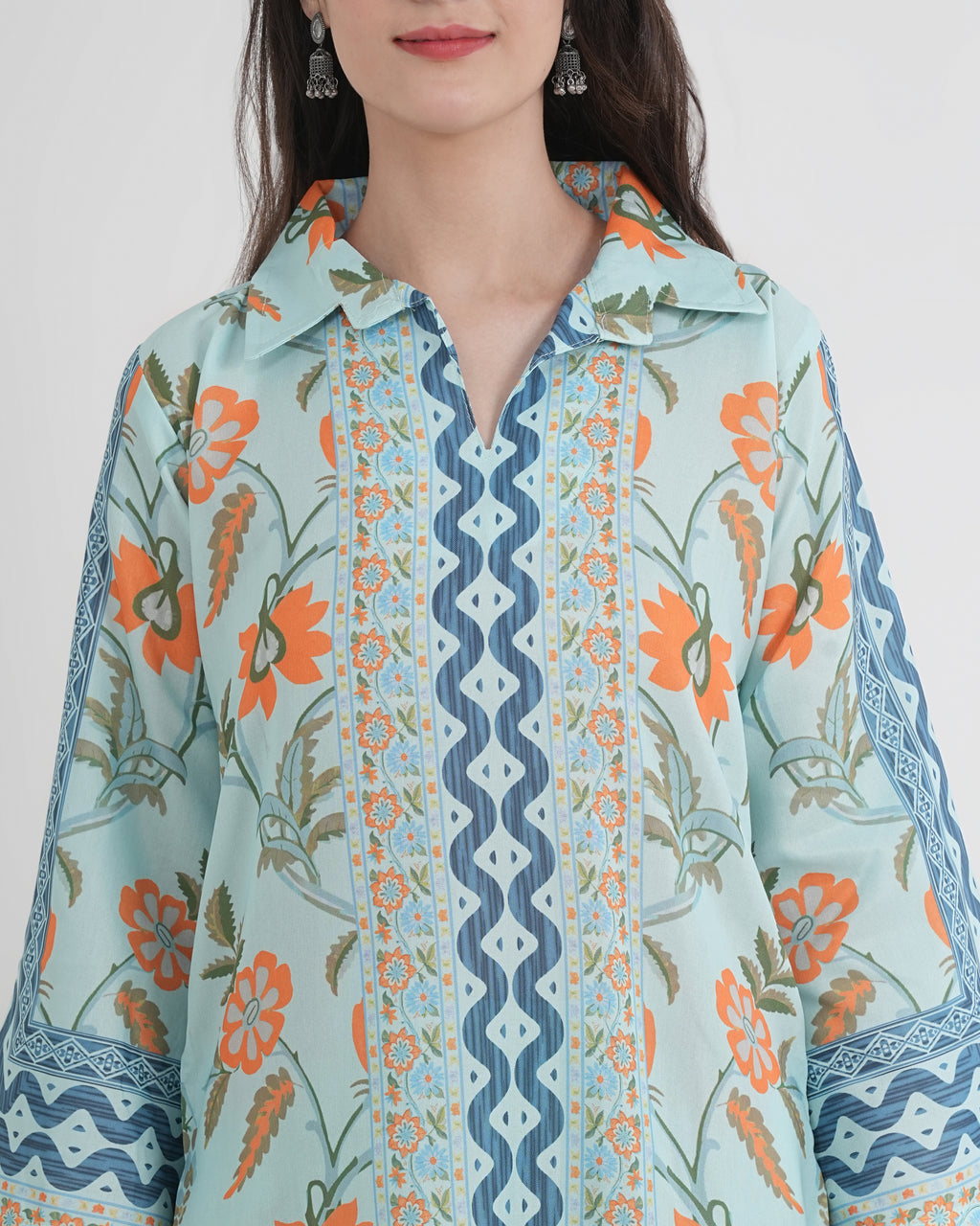 Women's Turkish Floral Printed Poly Rayon Collar Suit Top & Relaxed Fit Pants