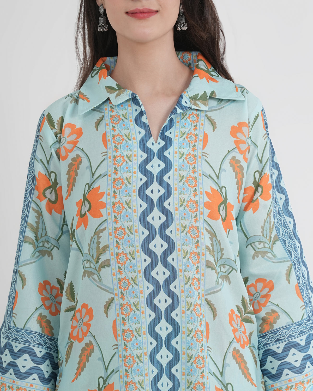 Women's Turkish Floral Printed Poly Rayon Collar Suit Top & Relaxed Fit Pants