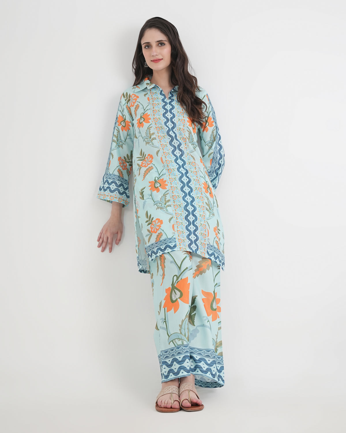 Women's Turkish Floral Printed Poly Rayon Collar Suit Top & Relaxed Fit Pants