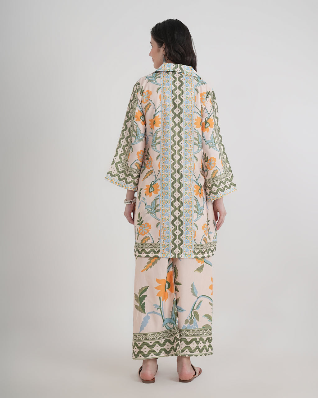 Women's Turkish Floral Printed Poly Rayon Collar Suit Top & Relaxed Fit Pants
