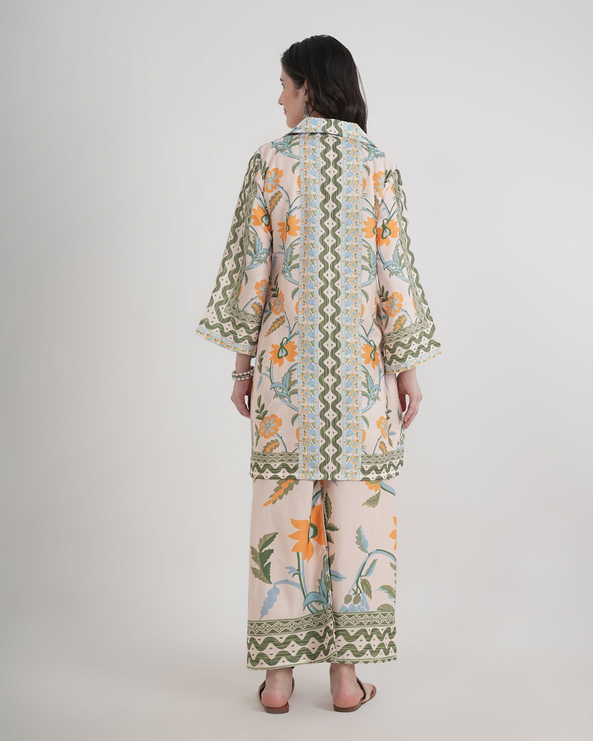 Women's Turkish Floral Printed Poly Rayon Collar Suit Top & Relaxed Fit Pants