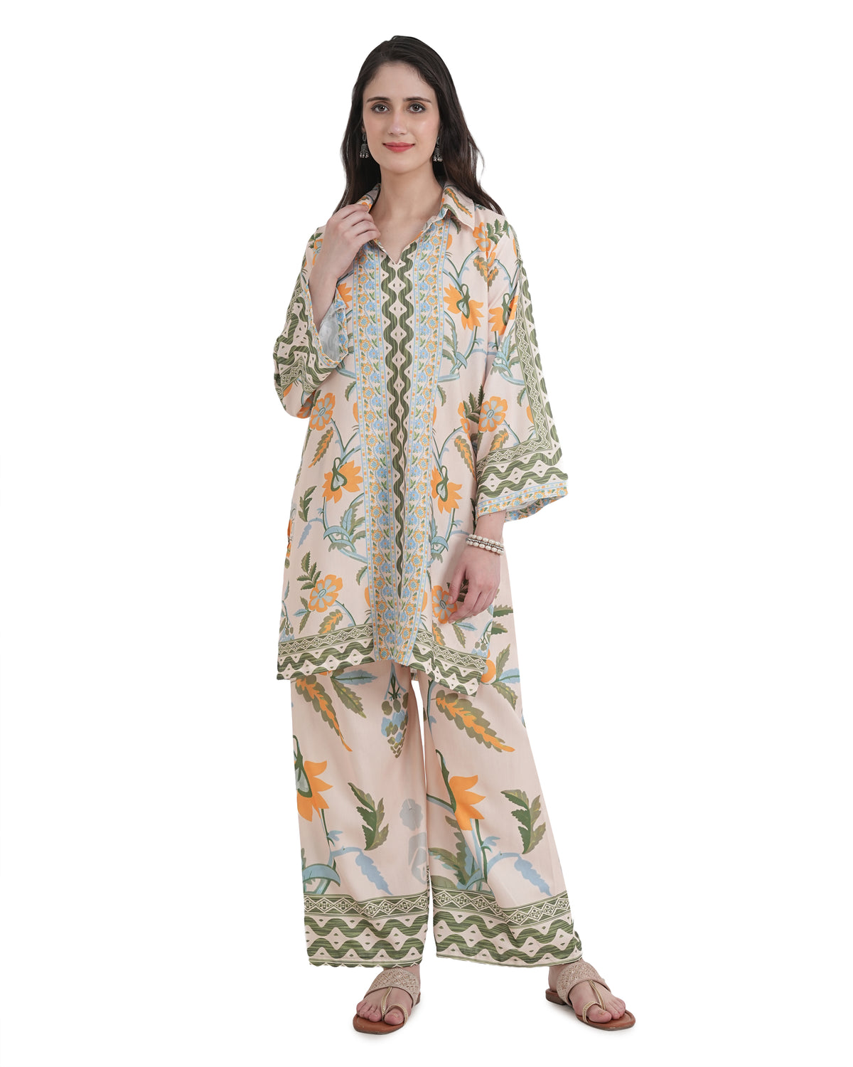 Women's Turkish Floral Printed Poly Rayon Collar Suit Top & Relaxed Fit Pants