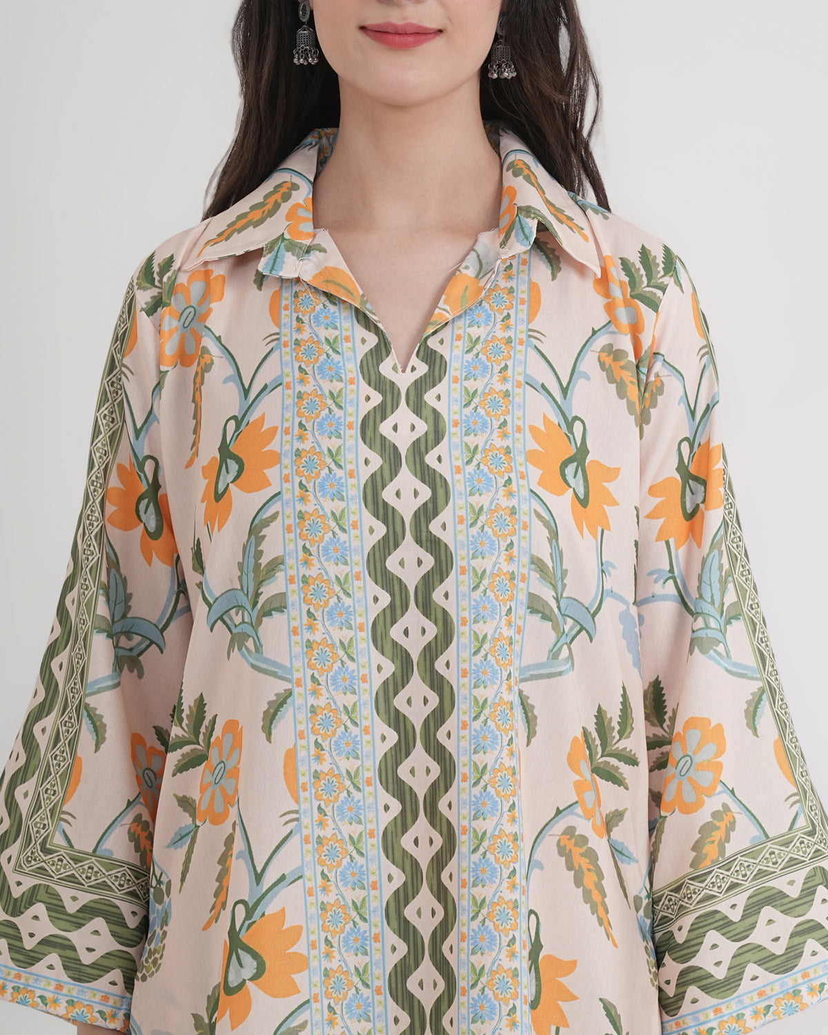 Women's Turkish Floral Printed Poly Rayon Collar Suit Top & Relaxed Fit Pants