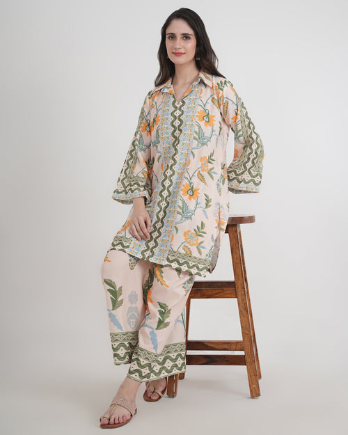 Women's Turkish Floral Printed Poly Rayon Collar Suit Top & Relaxed Fit Pants