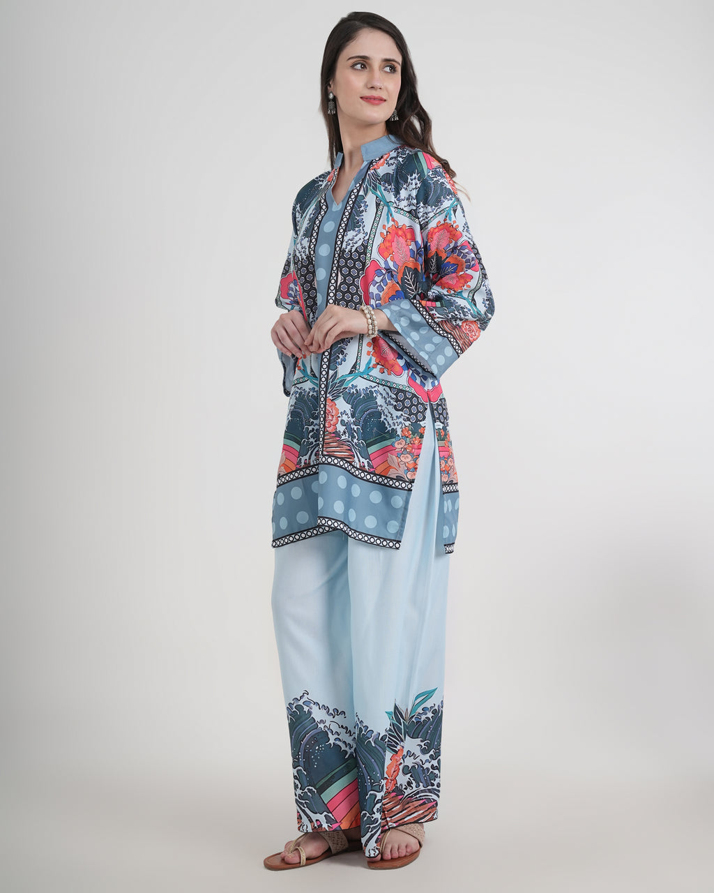 Women's Turkish Floral Printed Poly Rayon Collar Suit Top & Relaxed Fit Pants