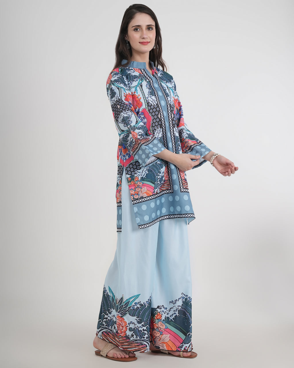 Women's Turkish Floral Printed Poly Rayon Collar Suit Top & Relaxed Fit Pants