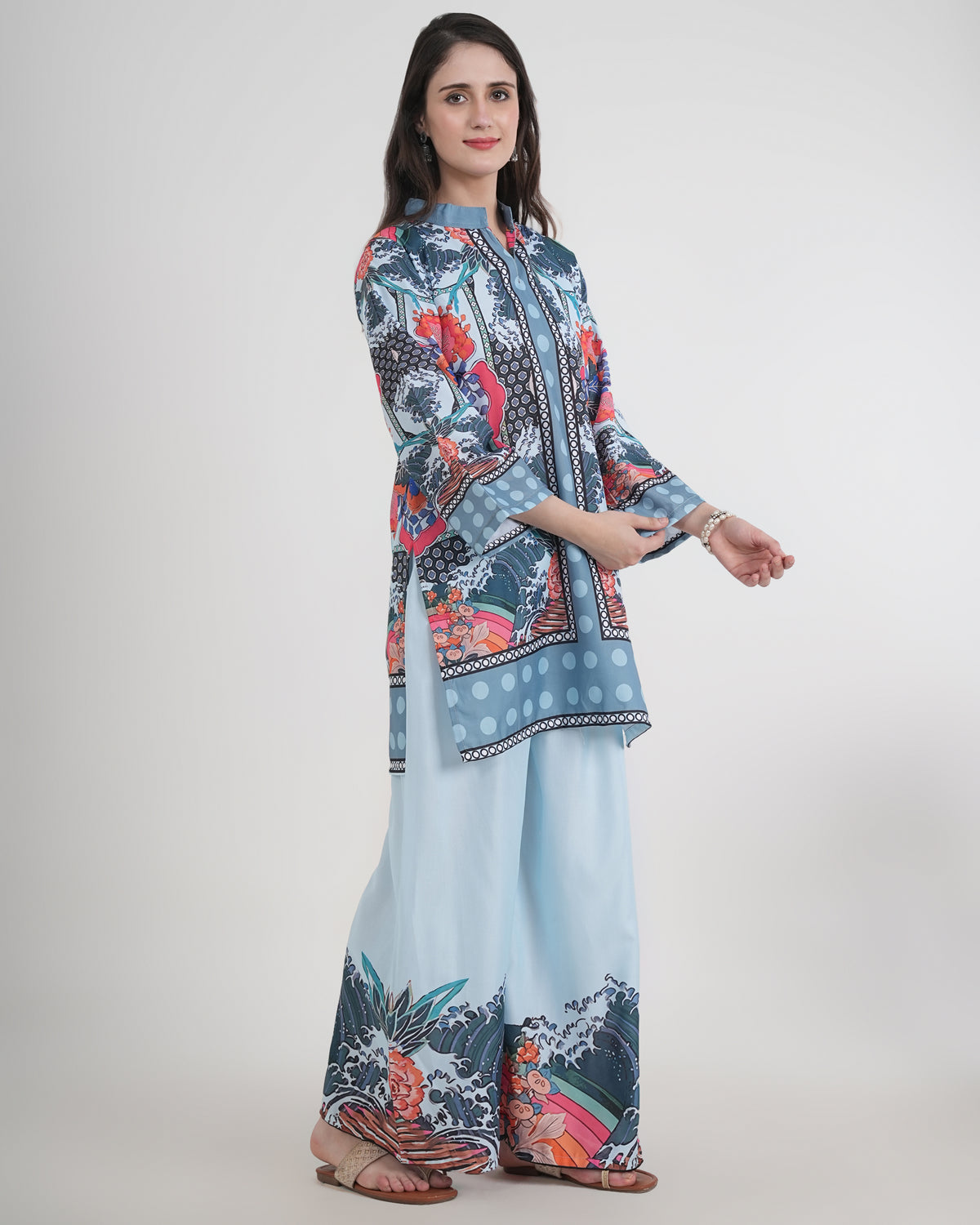 Women's Turkish Floral Printed Poly Rayon Collar Suit Top & Relaxed Fit Pants