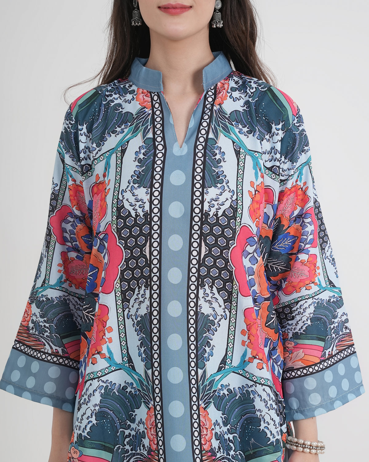 Women's Turkish Floral Printed Poly Rayon Collar Suit Top & Relaxed Fit Pants