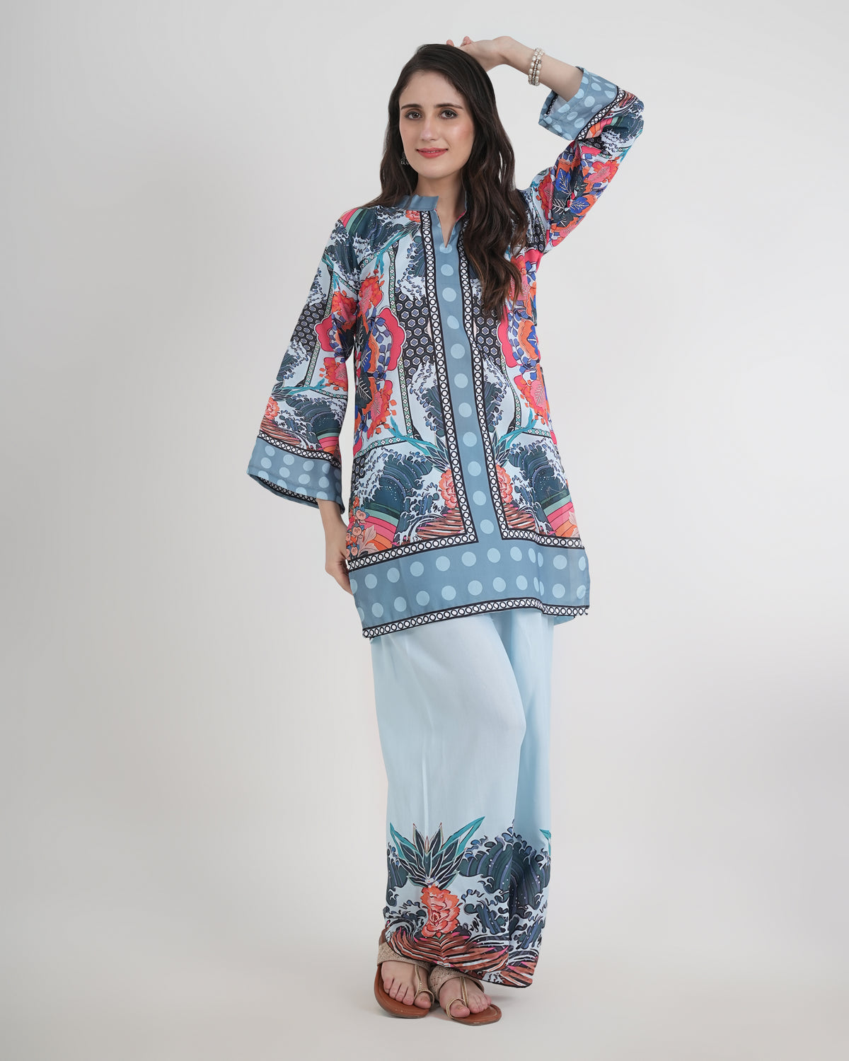 Women's Turkish Floral Printed Poly Rayon Collar Suit Top & Relaxed Fit Pants