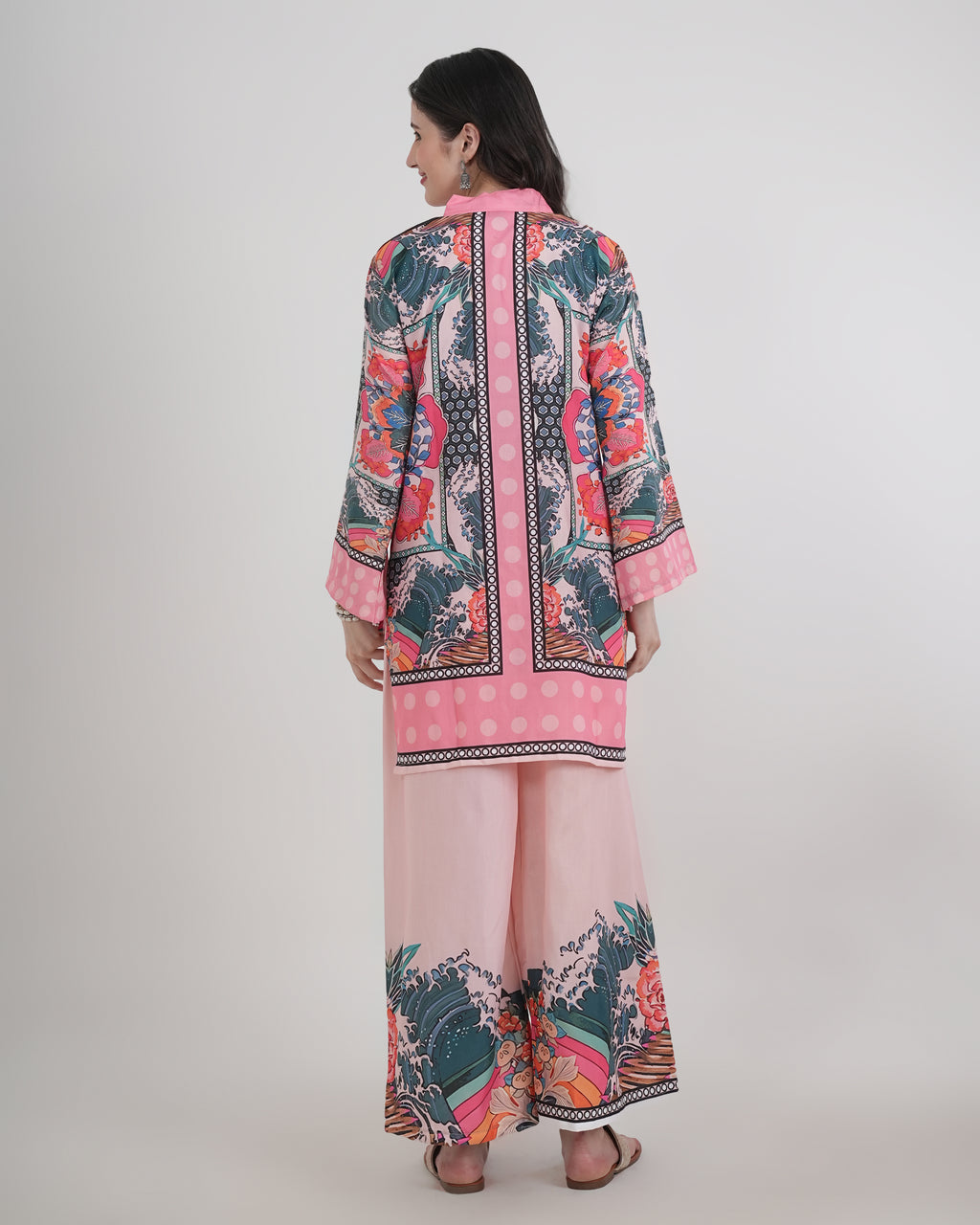 Women's Turkish Floral Printed Poly Rayon Collar Suit Top & Relaxed Fit Pants
