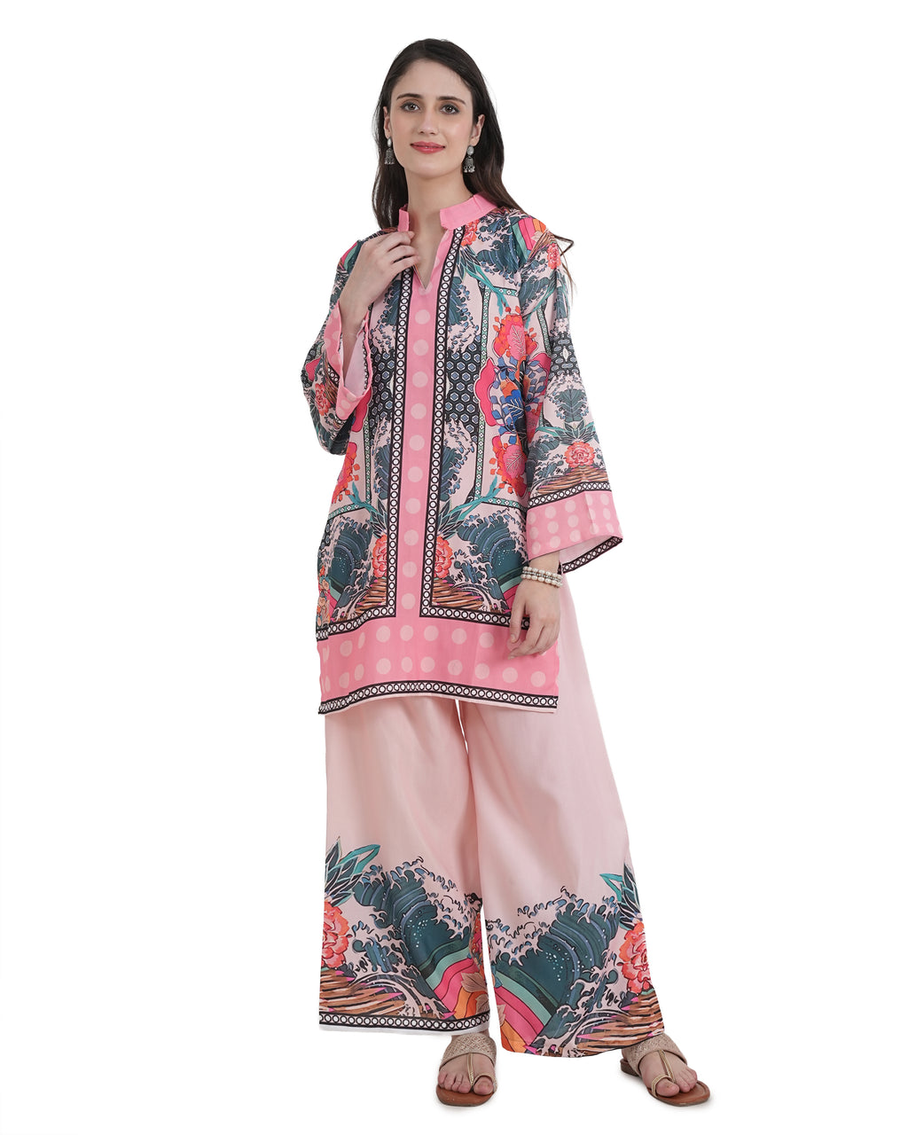 Women's Turkish Floral Printed Poly Rayon Collar Suit Top & Relaxed Fit Pants