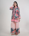 Women's Turkish Floral Printed Poly Rayon Collar Suit Top & Relaxed Fit Pants