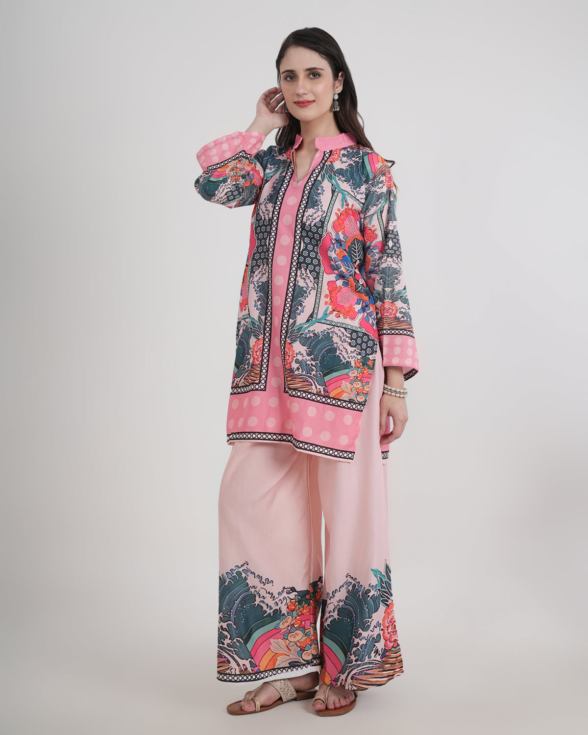 Women's Turkish Floral Printed Poly Rayon Collar Suit Top & Relaxed Fit Pants