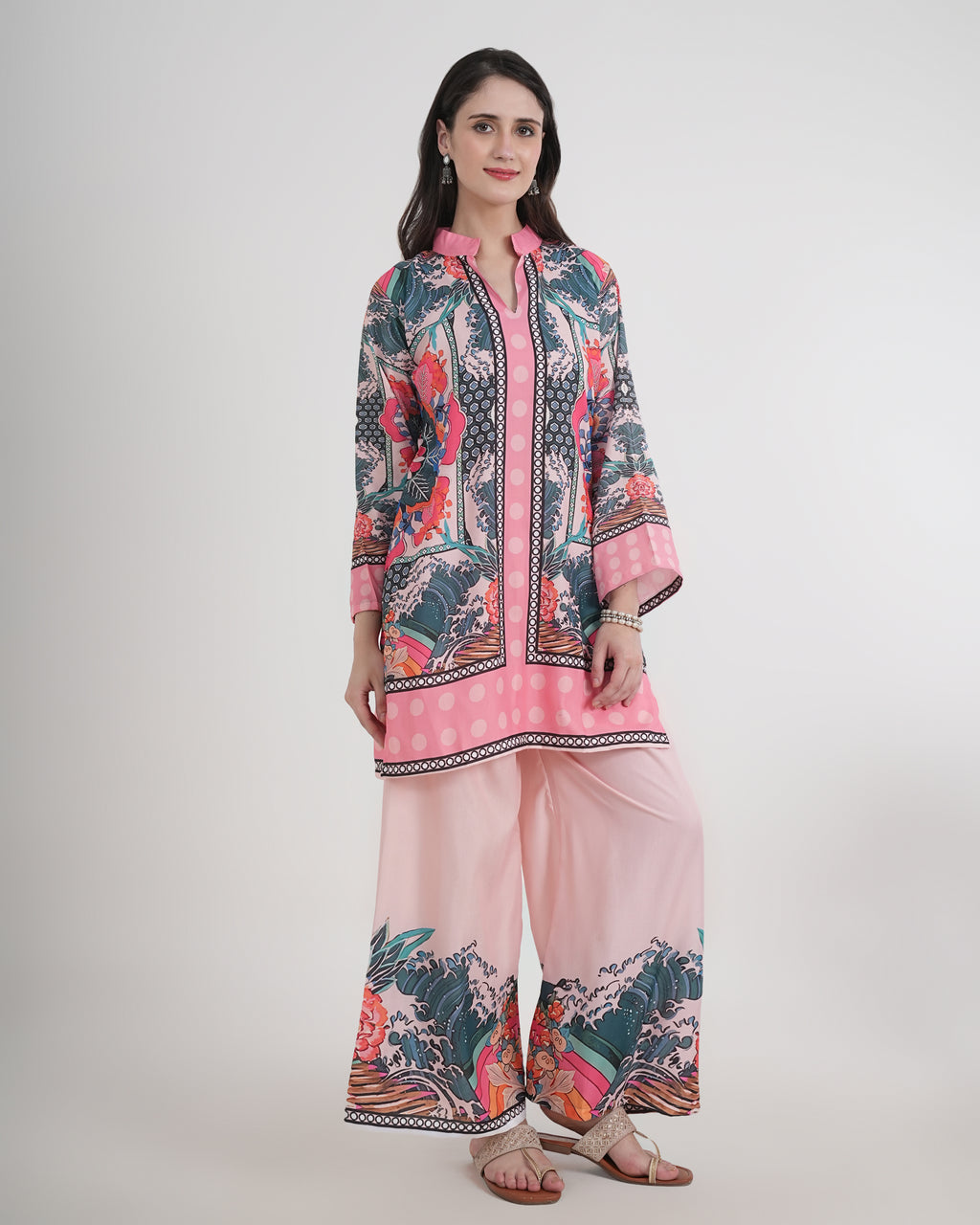 Women's Turkish Floral Printed Poly Rayon Collar Suit Top & Relaxed Fit Pants