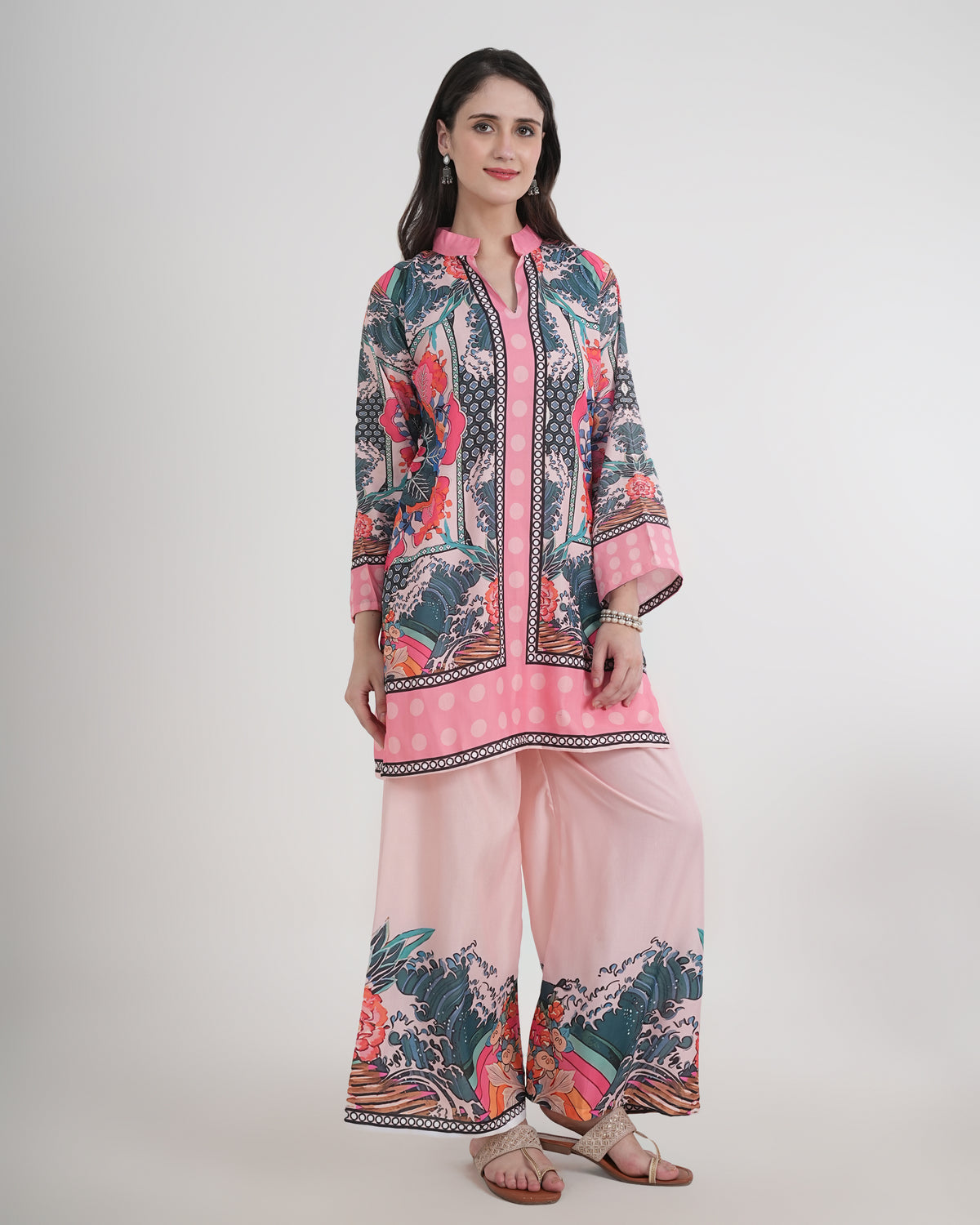 Women's Turkish Floral Printed Poly Rayon Collar Suit Top & Relaxed Fit Pants