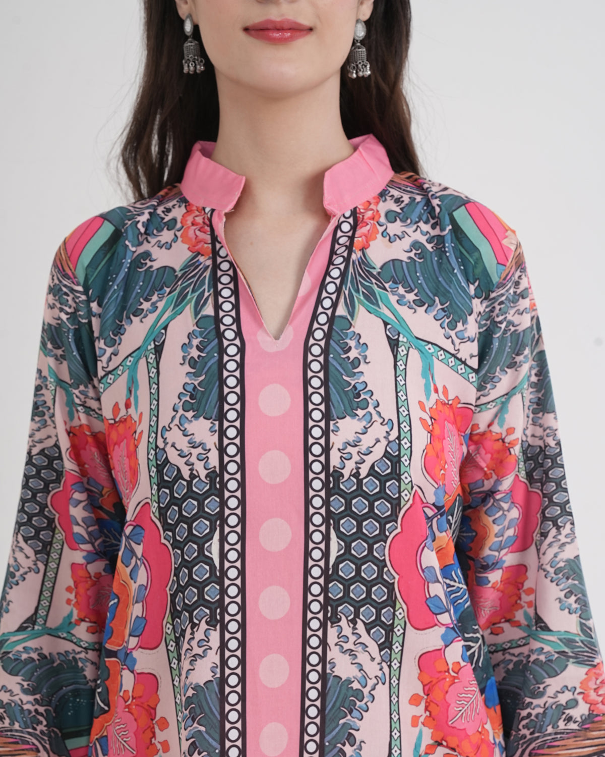 Women's Turkish Floral Printed Poly Rayon Collar Suit Top & Relaxed Fit Pants