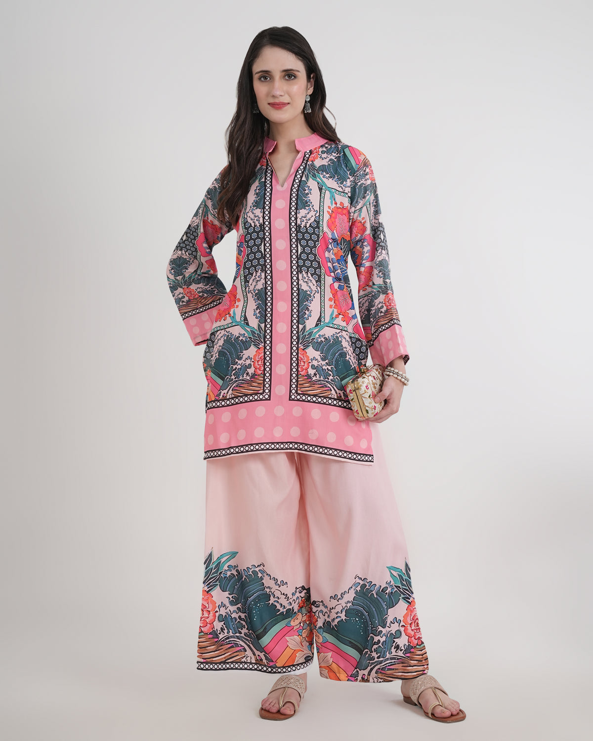 Women's Turkish Floral Printed Poly Rayon Collar Suit Top & Relaxed Fit Pants