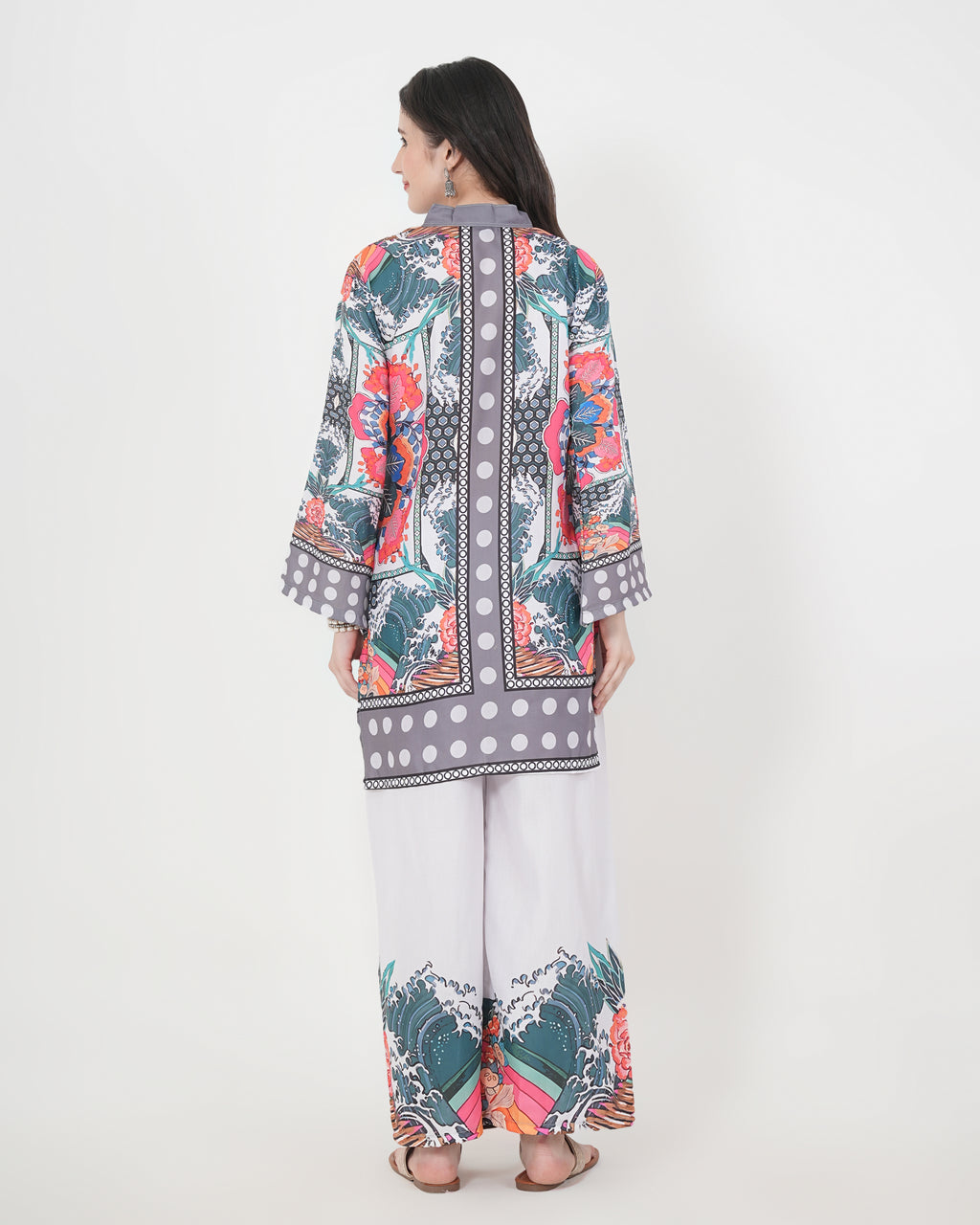 Women's Turkish Floral Printed Poly Rayon Collar Suit Top & Relaxed Fit Pants