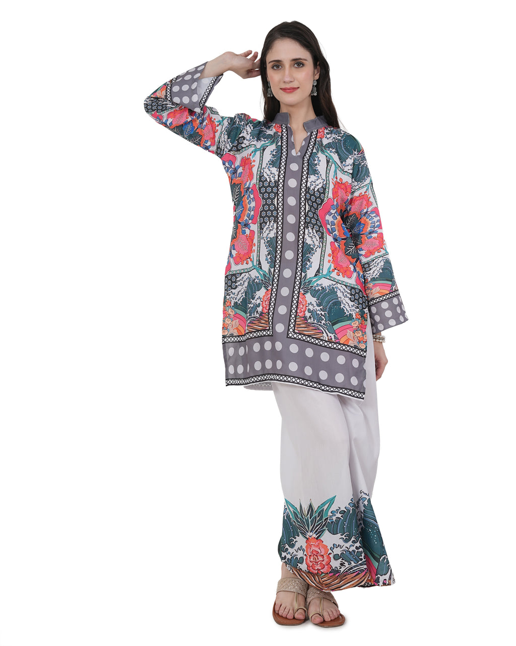 Women's Turkish Floral Printed Poly Rayon Collar Suit Top & Relaxed Fit Pants