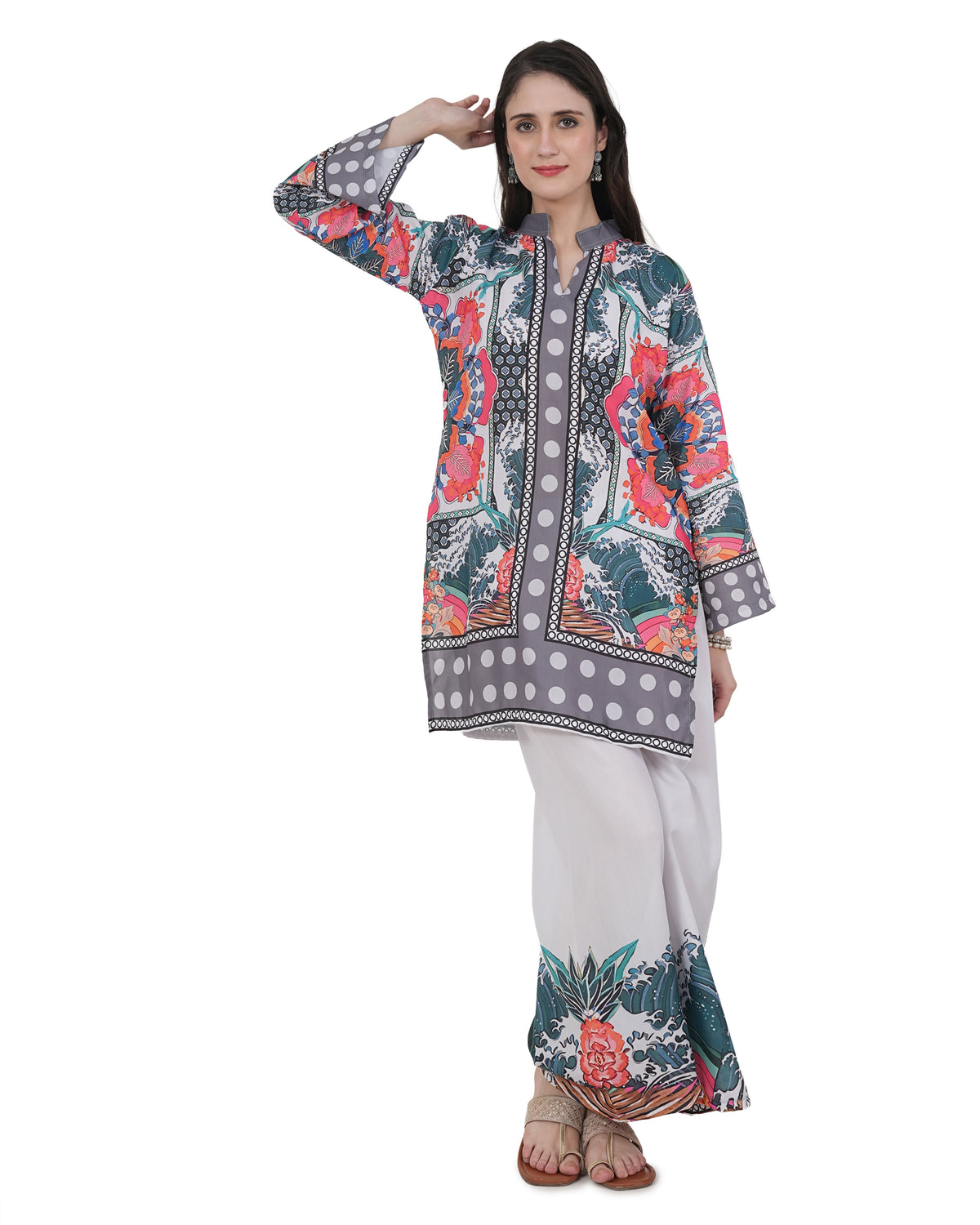 Women's Turkish Floral Printed Poly Rayon Collar Suit Top & Relaxed Fit Pants