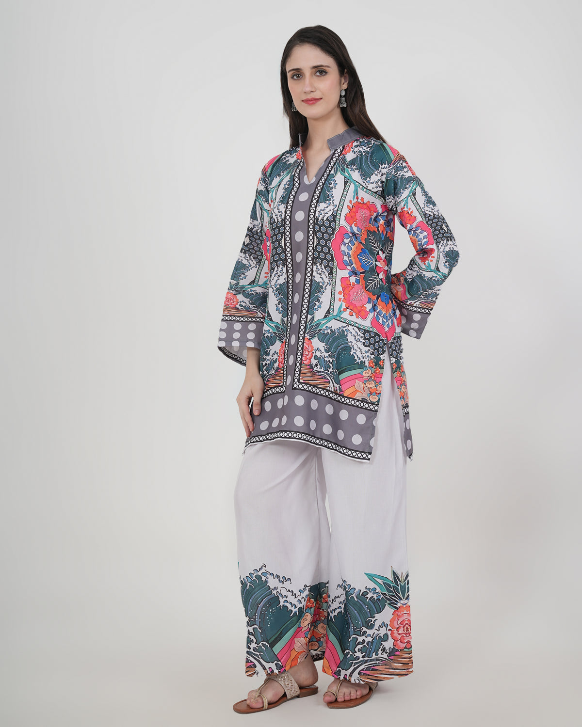 Women's Turkish Floral Printed Poly Rayon Collar Suit Top & Relaxed Fit Pants