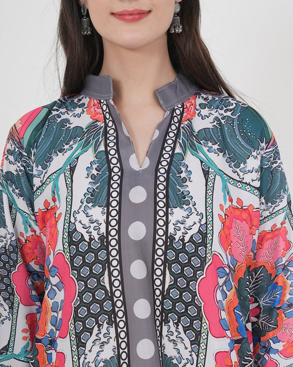 Women's Turkish Floral Printed Poly Rayon Collar Suit Top & Relaxed Fit Pants