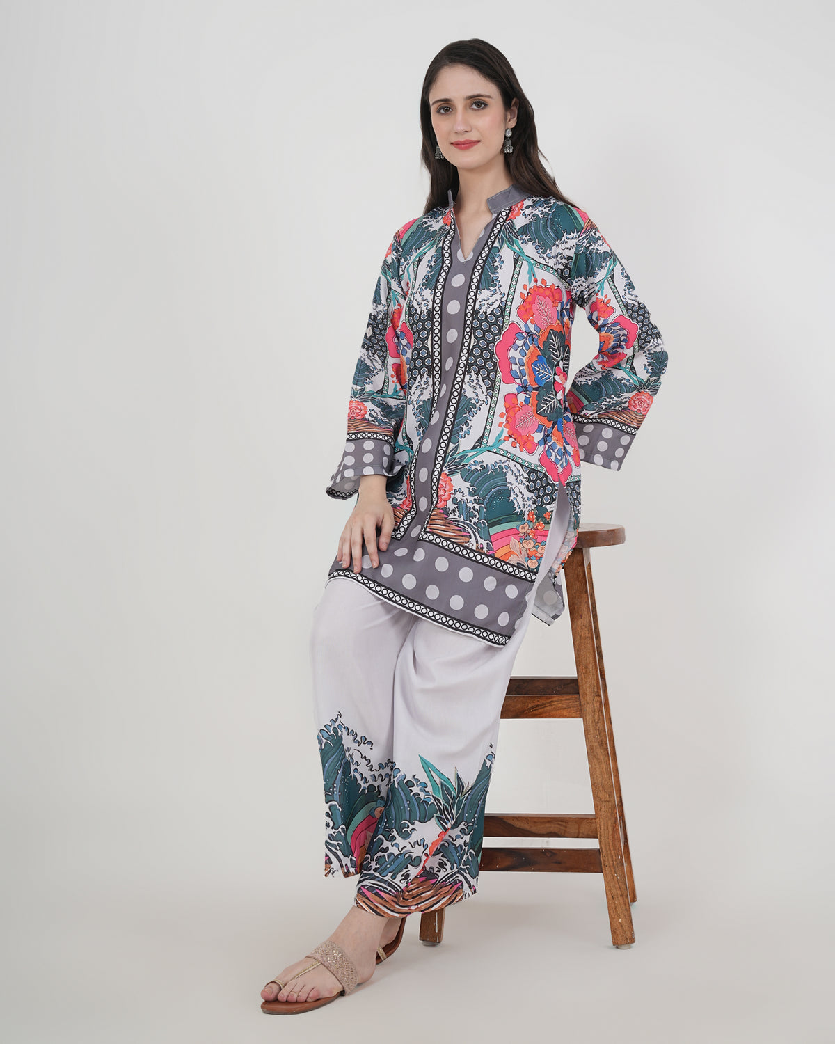 Women's Turkish Floral Printed Poly Rayon Collar Suit Top & Relaxed Fit Pants