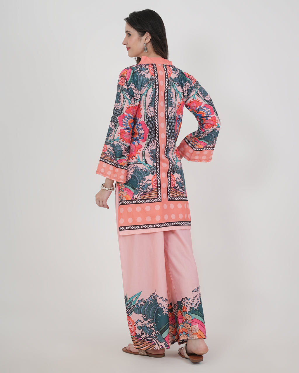 Women's Turkish Floral Printed Poly Rayon Collar Suit Top & Relaxed Fit Pants