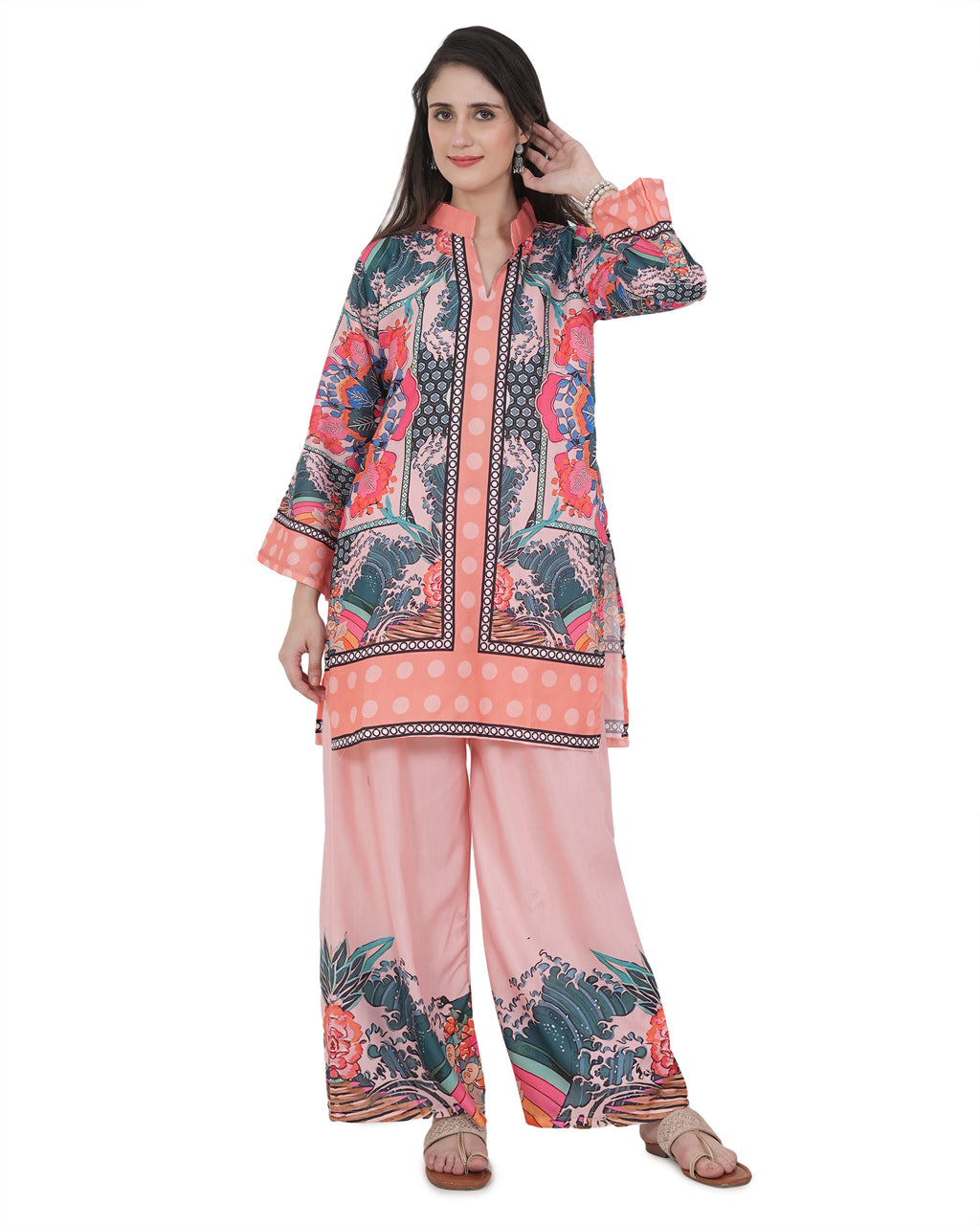 Women's Turkish Floral Printed Poly Rayon Collar Suit Top & Relaxed Fit Pants
