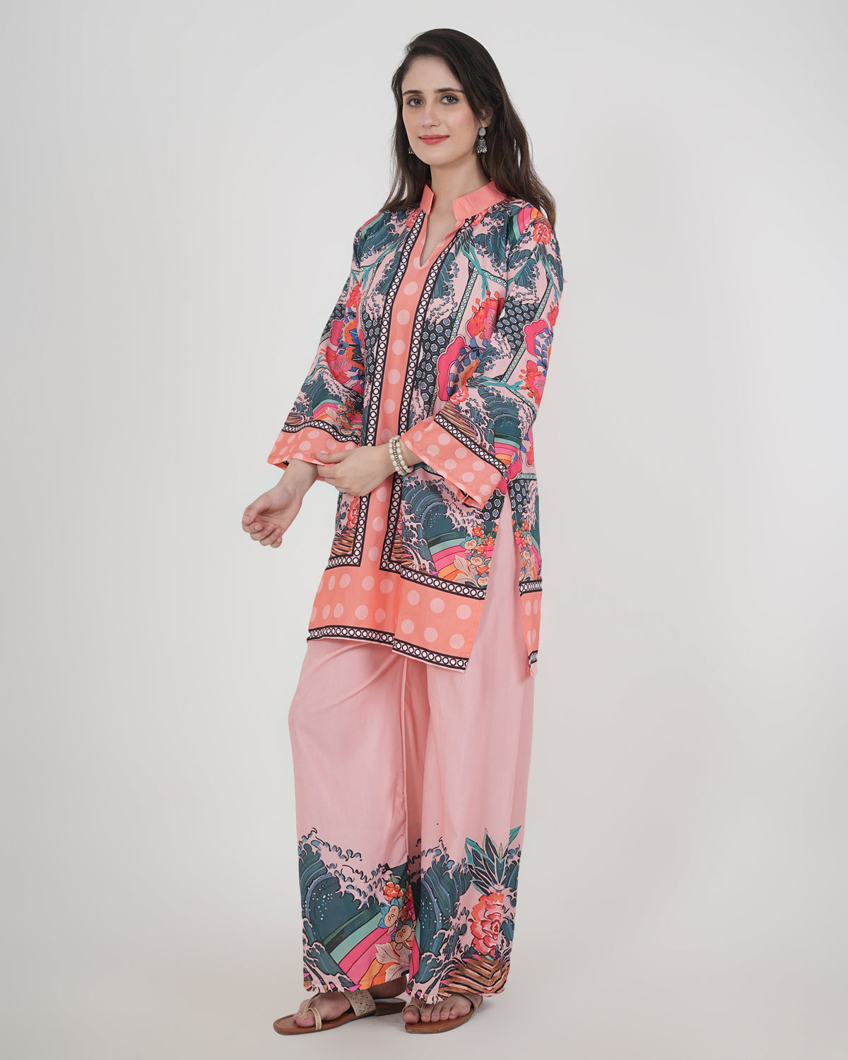 Women's Turkish Floral Printed Poly Rayon Collar Suit Top & Relaxed Fit Pants