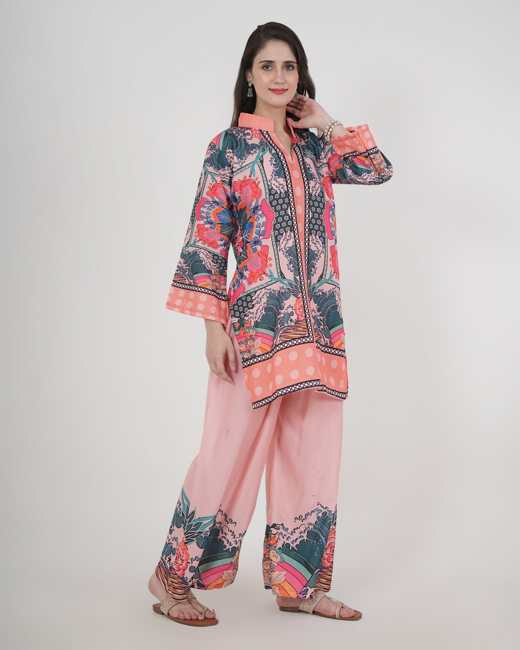 Women's Turkish Floral Printed Poly Rayon Collar Suit Top & Relaxed Fit Pants
