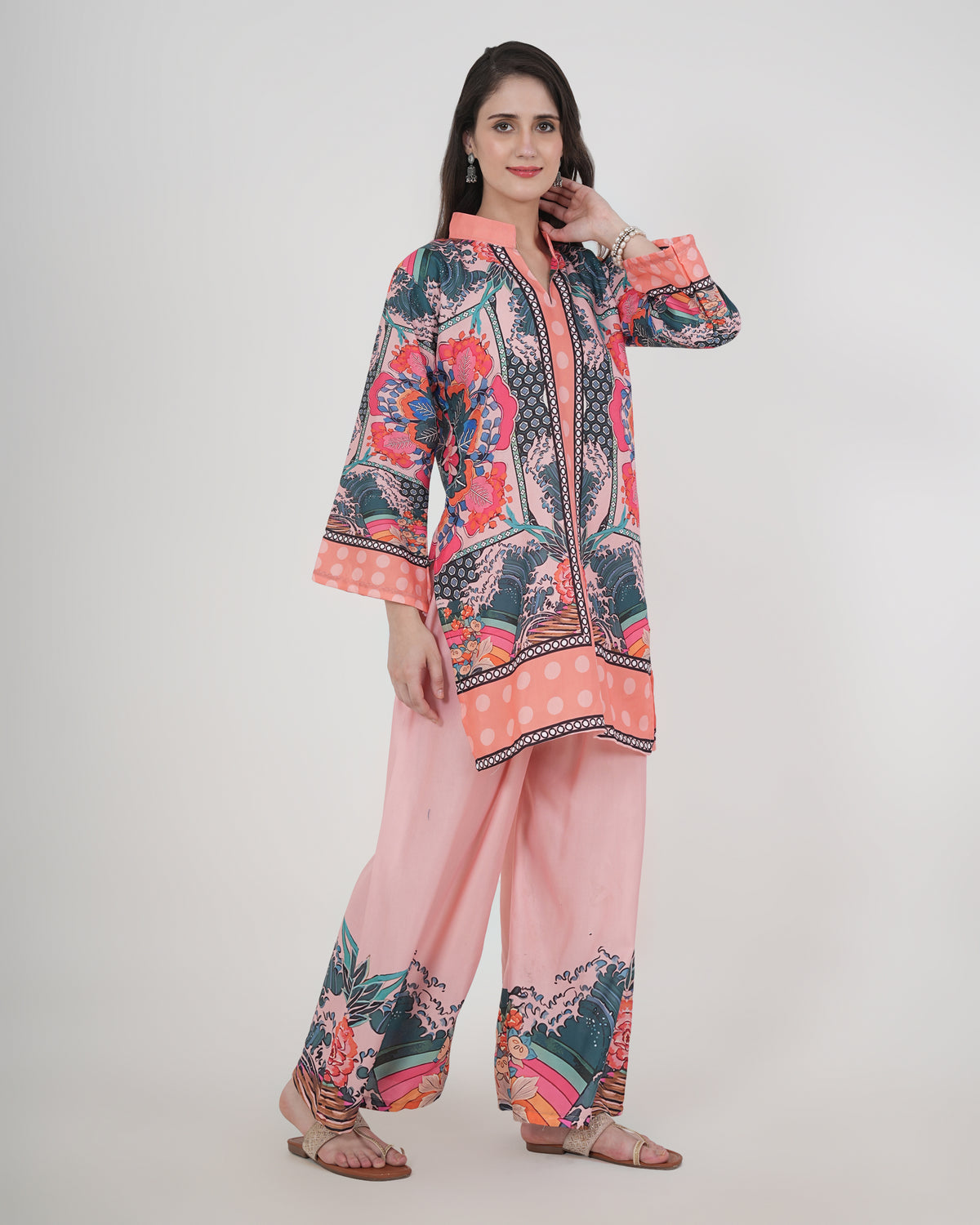 Women's Turkish Floral Printed Poly Rayon Collar Suit Top & Relaxed Fit Pants